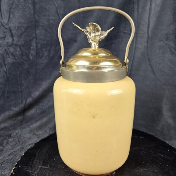 Hand Painted Porcelain Biscuit Barrel Silver Tone Lid With Bird Floral Motif VTG - Picture 4 of 16